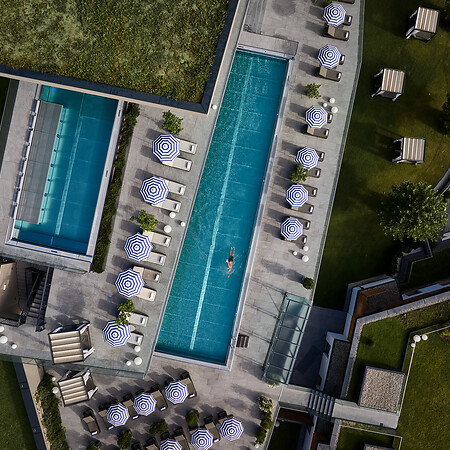 Best spa hotel Austria from above with sports pool and infinity pool